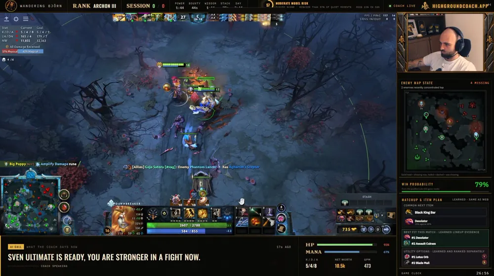 The streamer overlay in OBS: cam, enemy map, win probability, item plan and the live call under the game