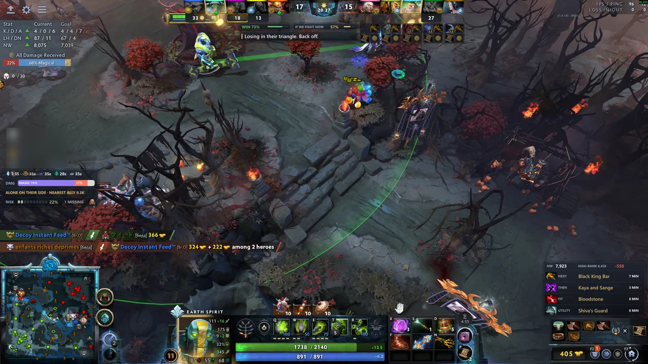 The in-game HUD over a real Dota 2 game at 20:27: the call Losing in their triangle. Back off.