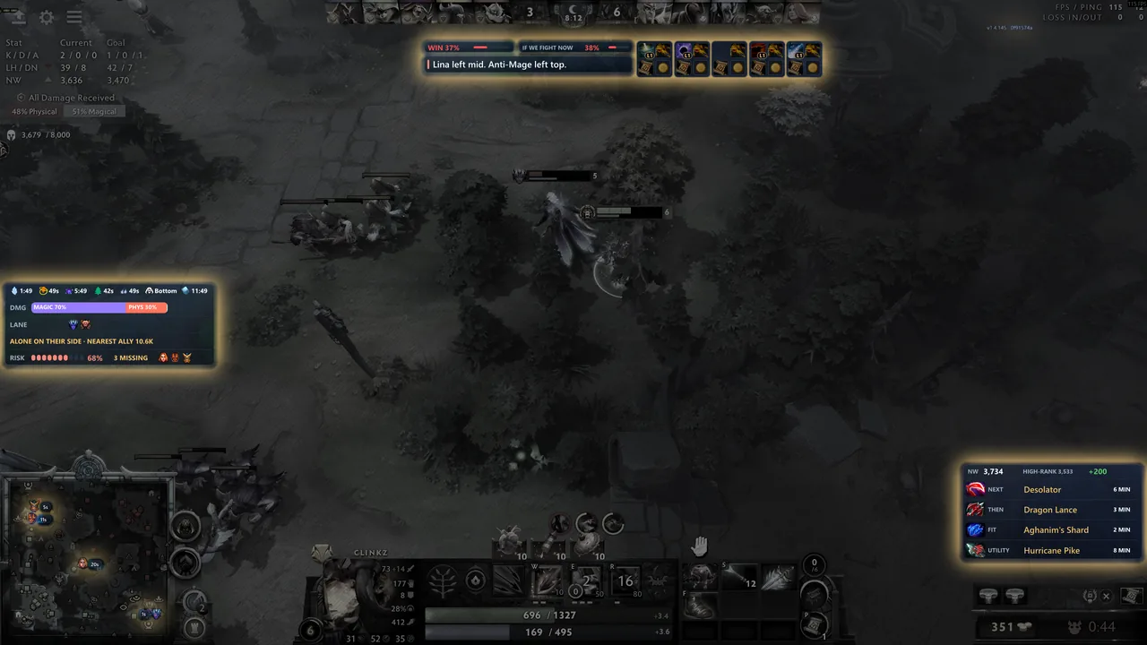 8:12 in a real game: the coach's call reads Lina left mid. Anti-Mage left top.