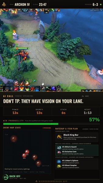 Highground vertical stream overlay: game on top, coach call bar, timers, win probability, enemy map state and item plan below