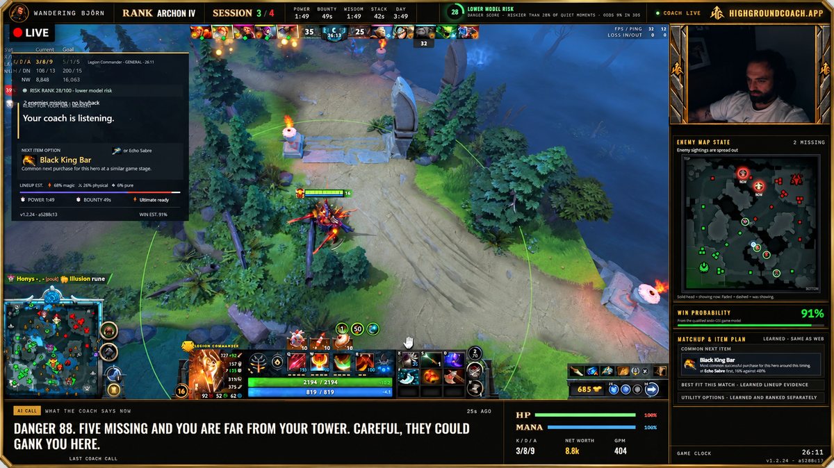 Highground horizontal stream overlay: live game with the coach call bar, danger, enemy map state, win probability and item plan
